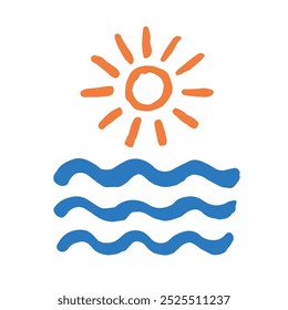 El sol que sale sobre el mar o las olas del océano garabatean. Ilustración vectorial de color de línea en negrita.