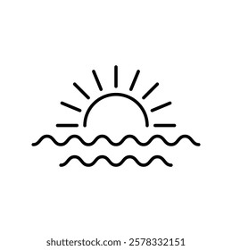 Sun rising over waves. Sunset simple black line icon on white background.