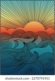El sol que se eleva en la ilustración del vector del mar