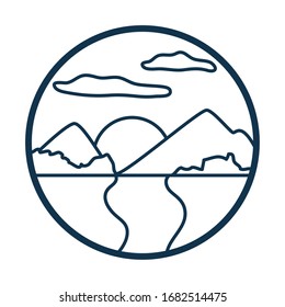 Diseño de iconos de estilo fluvial y montañoso, paisaje natural Tierra ecológica, conservación ecológica, medio ambiente y tema exterior Ilustración vectorial