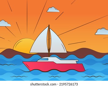 Sun River View Background With Sailing Ship For Summertime Concept.