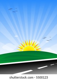 Sun, road and clouds (vector)