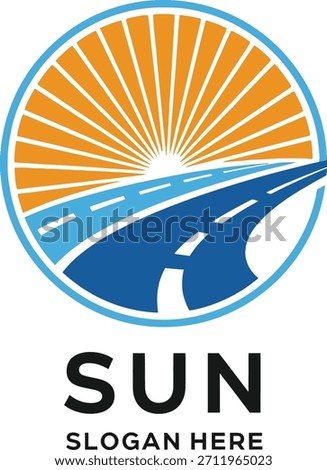 Sun Road Logo – Circular Design with Radiant Sun and Curving Blue Road