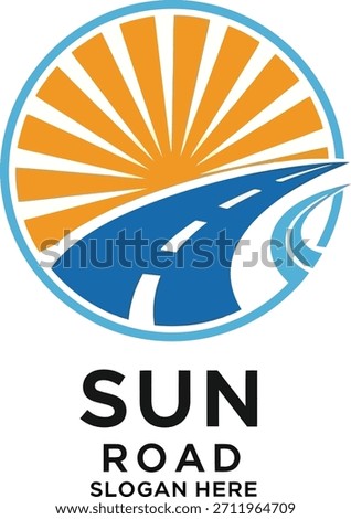 Sun Road Logo – Circular Emblem with Radiant Sun and Curved Blue Highway