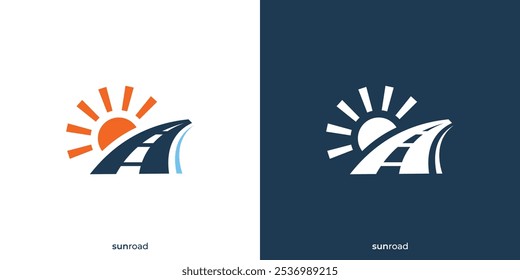 Logo de Sun Road. Carretera y sol con estilo minimalista. Logo de viaje, icono, símbolo, Vector, Inspiración de diseño.