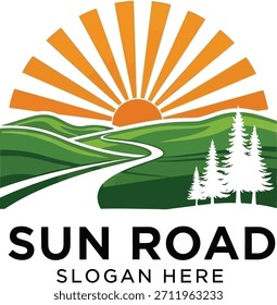 Logotipo de Sun Road: camino sinuoso a través de colinas con amanecer y pinos