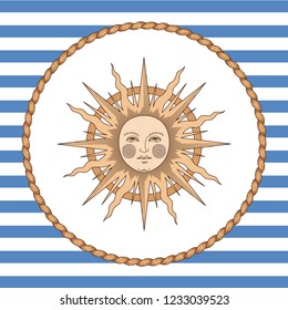 Sun in rope frame on striped background. Vintage style illustration for marine design and decoration
