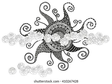 Sun with roses. Sun in the clouds, the sky. Artistically zentangle patterns. Black and white, monochrome background. Hand drawn doodles. Spring, summer time. Coloring book page for adult and children.