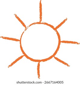 Un sol con un estilo áspero, dibujado a mano y líneas radiantes. Centro circular con rayos irregulares que se extienden hacia afuera. Ilustración vectorial de dibujos animados.
