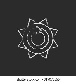 Sun with round arrow hand drawn in chalk on a blackboard vector white icon isolated on a black background.
