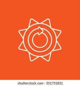 Sol con icono de línea de flecha redonda para web, móvil e infografía. Icono blanco vector aislado en fondo rojo.
