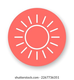 Sun round icon. White line vector element on red background. Best for mobile apps and web design.