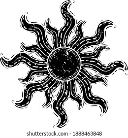 Sun Rubber Stamp Printmaking Vector with Vintage and Grunge Texture 