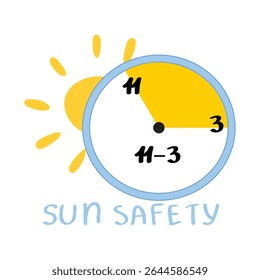Sun safety clock, yellow sun, blue circle, 11-3 hours, UV protection reminder, modern vector design
