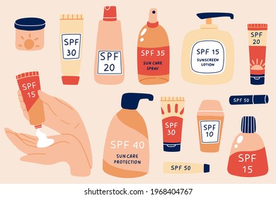 Sun safety collection. Heands with cream, tubes and bottles of sunscreen products with SPF: lotion, lipstick, spray. Hand drawn summer cosmetic. Sunblock, skin protection, skin care products. Vector - Shutterstock ID 1968404767