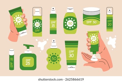 Sun safety collection. Heands with cream, tubes and bottles of sunscreen products with SPF: lotion, lipstick, spray. Hand drawn summer cosmetic. Sunblock, skin protection, skin care products. Vector
