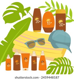 Sun safety collection. Poster with cream, tubes and bottles of sunscreen with SPF lotion, lipstick, spray. Handmade summer cosmetics. Sunscreen, skin protection, skin care products. Vector