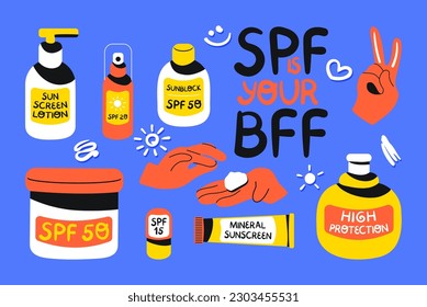 Sun safety collection. Set of sunscreen cosmetic bottles with SPF, hands applying sunblock lotion, smears of cream. Summer skincare and protection concept. Flat vector illustration