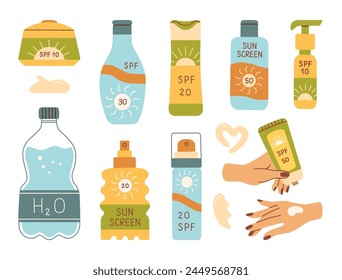 Sun safety collection. Set of sunscreen cosmetic bottles with SPF, hands applying sunblock lotion, smears of cream.