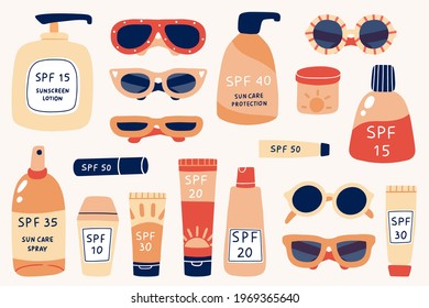 Sun safety collection. Tubes and bottles of sunscreen products with different SPF: cream, lotion, lipstick, spray. Hand drawn summer cosmetic and different sun glasses. Skin protection. Vector