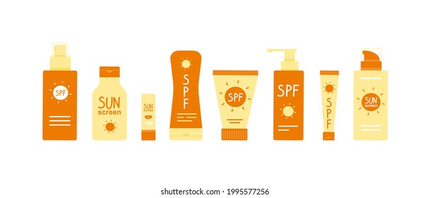Sonnenschutzsammlung. Tuben und Flaschen mit Sonnenschutzmitteln mit unterschiedlichen besonderen SchutzF: Creme, Lotion, Lippenstift, Spray. Hautschutz. Vektorgrafik