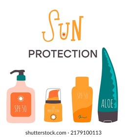 Sun safety collection. Tubes and bottles of sunscreen products with SPF: lotion, spray, aloe vera. Hand drawn summer cosmetic. Sunblock, skin protection, skin care products. Vector illustrations