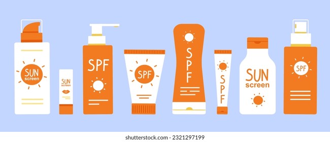 Sun safety collection. Tubes and bottles of sunscreen products with different SPF: cream, lotion, lipstick, spray