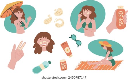 Sun safety collection. Tubes and bottles of sunscreen products with different SPF: cream, lotion, lipstick, spray. Hand drawn summer cosmetic and different sun glasses. Skin protection.