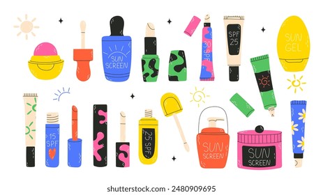 Colección de seguridad solar. Tubos y frascos de productos de protección solar con diferentes cremas SPF, loción, lápiz labial, spray. Cosmético de verano dibujado a mano. Protección de la piel. ilustración de stock de Vector