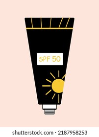 Sun safety cream. Cosmetic product in black bottle. Luxurious product packaging. Poster or banner for website. Ultraviolet, sun rays, summer season. Rest on beach. Cartoon flat vector illustration