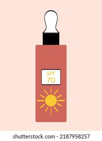 Sun Safety Cream. Cosmetic Product In Red Bottle. Product To Protect Skin From Exposure To Ultraviolet Rays During Hot Summertime. SPA Procedure, Hygiene And Beauty. Cartoon Flat Vector Illustration