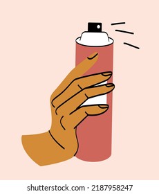 Sun Safety Cream. Womans Hand Holds Red Bottle And Sprays Cosmetic Product To Protect Skin From Ultraviolet Exposure. Beauty And Hygiene. Summertime Vacation. Cartoon Flat Vector Illustration