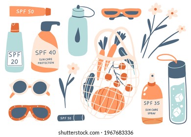 Sun safety elements. Cute set with eco bag, glasses, water, sunscreen products in tubes and bottles with SPF. Sun protection products. Vector illustration. Summer vacation, travelleing, picnic concept