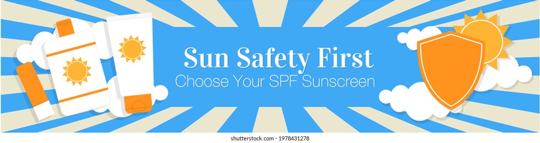 Sun safety first web banner. Choose your spf sunscreen protection. Different sunblock cosmetic products, sun and guard shield. Summer travel time banner. Skin and health care concept. Flat vector eps.