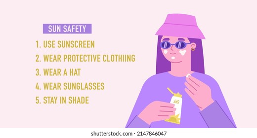 Sun safety rules. Woman applying sunscreen. Sun protection concept vector illustration