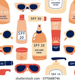 Sun safety seamless pattern. Tubes and bottles of sunscreen products with different SPF: cream, lotion, lipstick, spray. Hand drawn summer cosmetic and different sun glasses. Skin protection. Vector