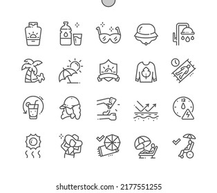 Sonnenschutz. SommerHautschutz. Sonnenbrille, Baseballkappe und Hut. Pixel Perfect Vector Thin Line Icons. Einfaches Minimal-Piktogramm