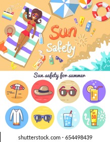 Sun Safety For Summer Vector Illustration. Woman On Beach With Suntan Lotions, Striped Umbrella And Life Buoy, Hat, Sunglasses, Cold Drinks And Dress.