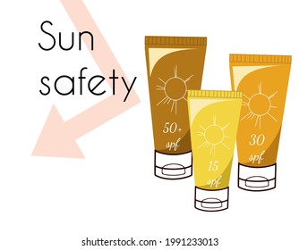 Sun safety text with cosmetic tubes and conceptual arrow blocking