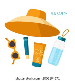 Sun safety. Things necessary on beach for health. Sunscreen cosmetics, water bottle, sunglasses, hat. Product for Summer Protection set. Cartoon vector illustration. Sun safety collection.