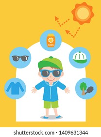 Sun Safety Tips And Boy Kid Illustration. UV Protection Items,hat,sunglasses,shade,sunscreen,and Clothing Help Protect Against The UV Rays 