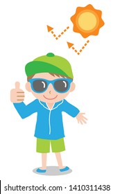 sun safety tips boy kid illustration. UV protection products,hat,sunglasses,shade,sunscreen,and clothing help protect against the UV rays 