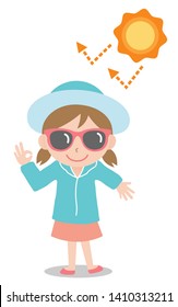 Sun Safety Tips Girl Kid Illustration. UV Protection Products,hat,sunglasses,shade,sunscreen,and Clothing Help Protect Against The UV Rays 