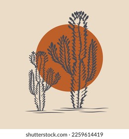 Sun and saguaros illustration desert vintage design. Cacti plant logo vector line art