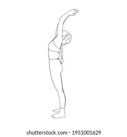 Sun salutating yogi woman. Hatha yoga back bend pose. Engraved vector illustration in white background