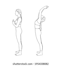 Sun salutating zen yogi woman. Hatha yoga back bend pose. Engraved vector illustration in white background