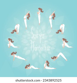 Sun salutation. Surya namaskar. Complex hatha asanas, fitness training. Yoga sequence. Beauty female character doing yoga positions. flat vector illustration