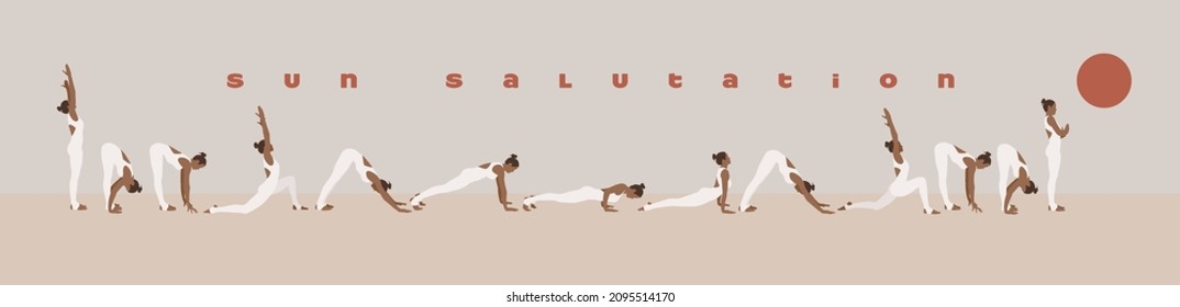 Sun Salutation or Surya Namaskar morning yoga exercises complex process illustration with girl doing practice step by step. Pastel colored vector illustration