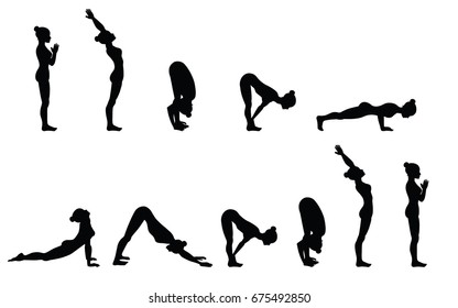 Sun Salutation. Surya Namaskara A. Yoga Sequence. Vector Illustration