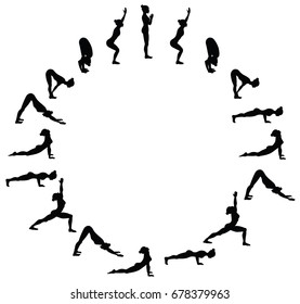 Sun salutation. Surya namaskara B. Yoga sequence. Vector illustration